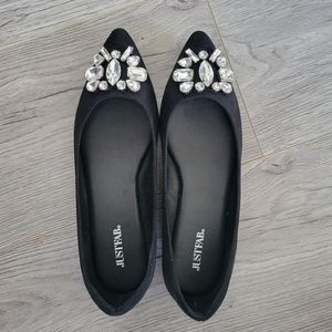 JustFab black flats with big rhinestones